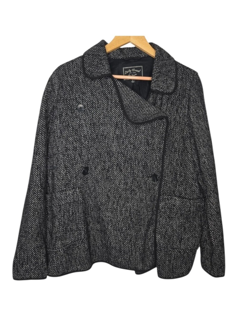 Lucky Brand Womens Black Striped Drape Wool Blend Pea Coat Size Large